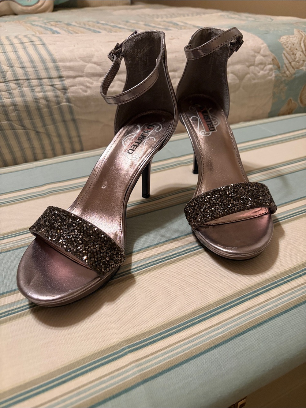 Kenneth Cole Metallic Silver Ankle-Strap Heels with Beaded Front